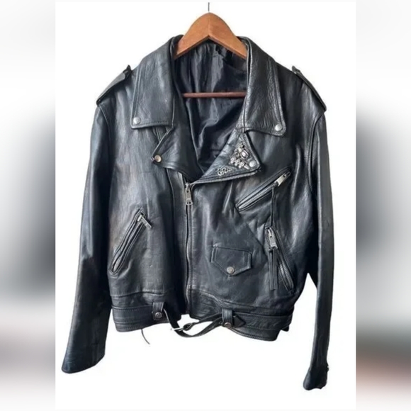 VINTAGE 100% leather black motorcycle jacket size medium/large - Picture 1 of 16